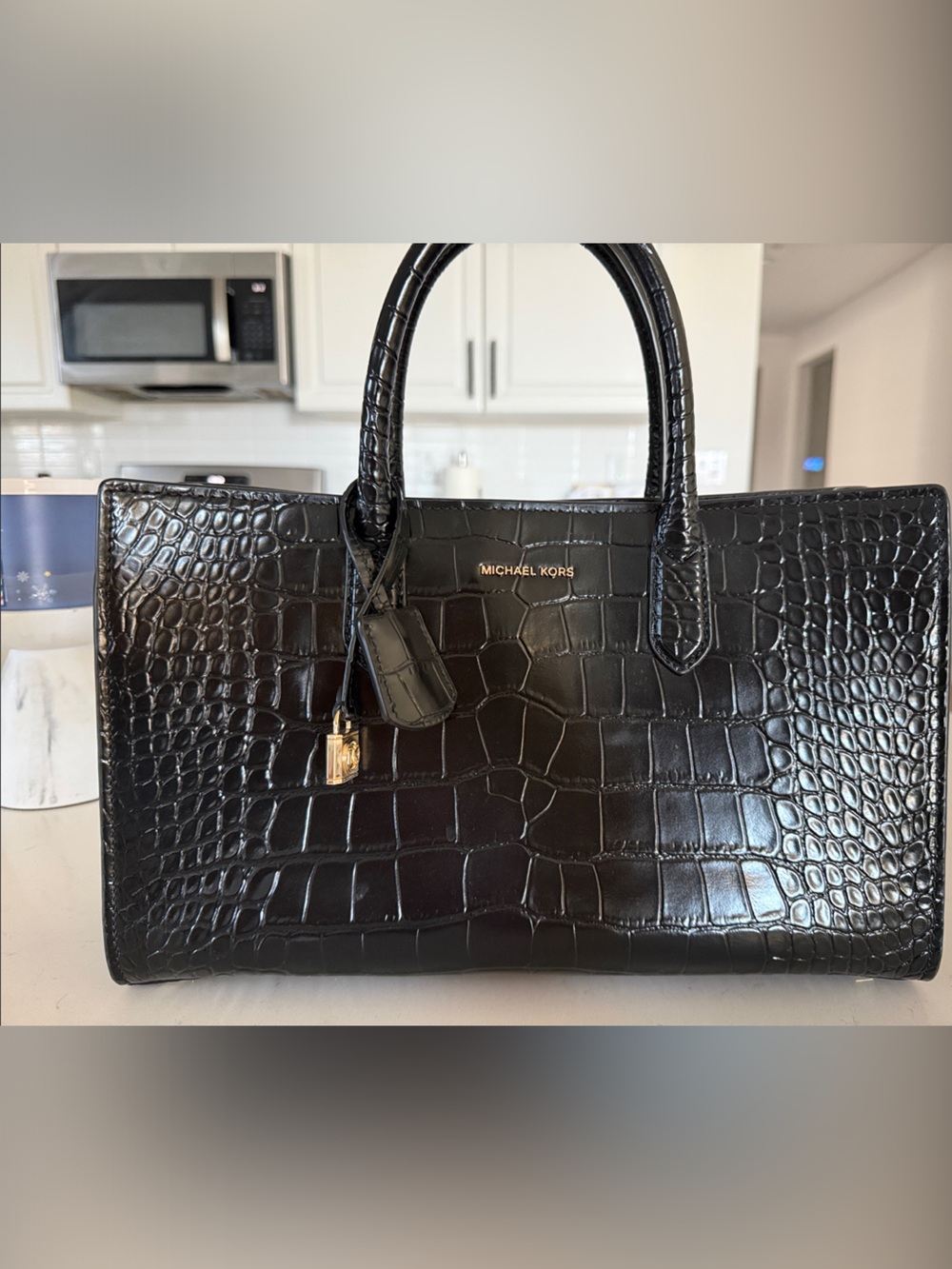 MICHAEL KORS Black Croc-Embossed Satchel with Gold Hardware